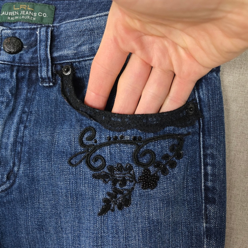 Lauren Ralph Lauren Women's Beaded Velvet Patch Jeans Straight 4 - Picture 5 of 15